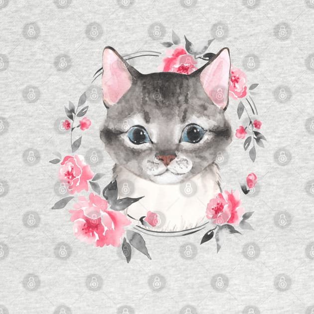 Gray cat with flowers by Gribanessa